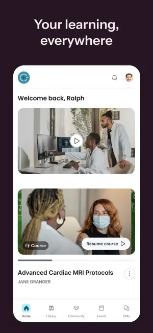 Thinkific app: home, with courses in progress