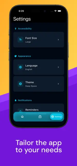 Timely Pill: settings for font size, language and theme