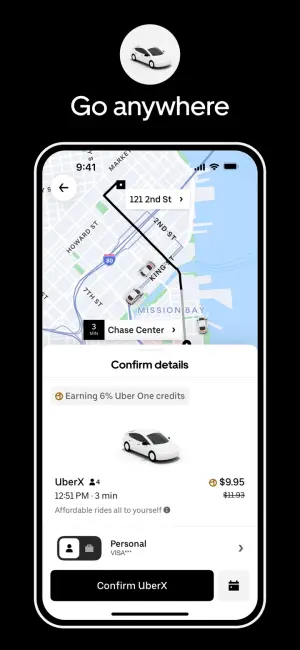 Uber Rider app: choosing a ride and confirming the details